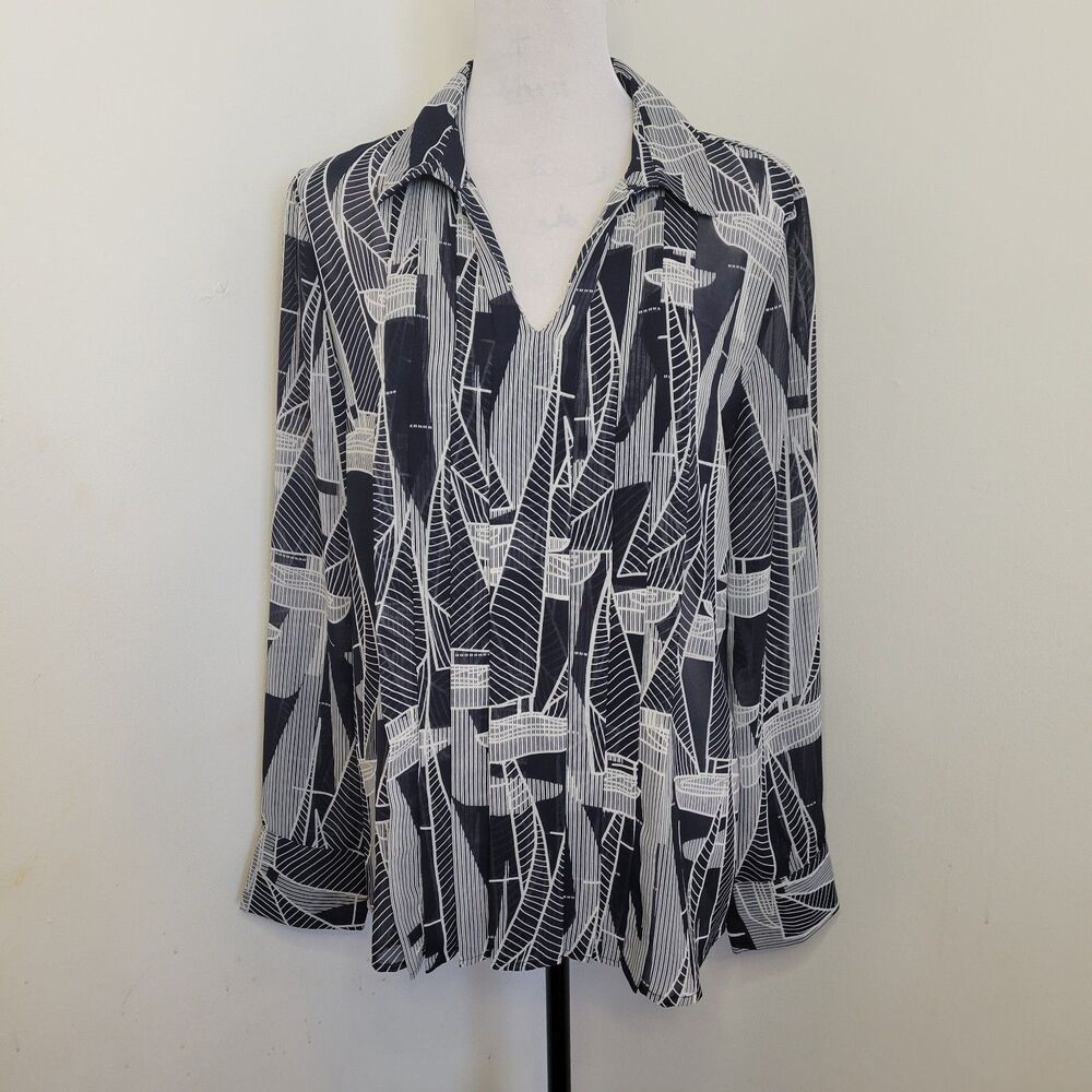 Tommy Hilfiger Women’s Sheer Blouse Size L Blue‎ White Long Sleeve Lightweight